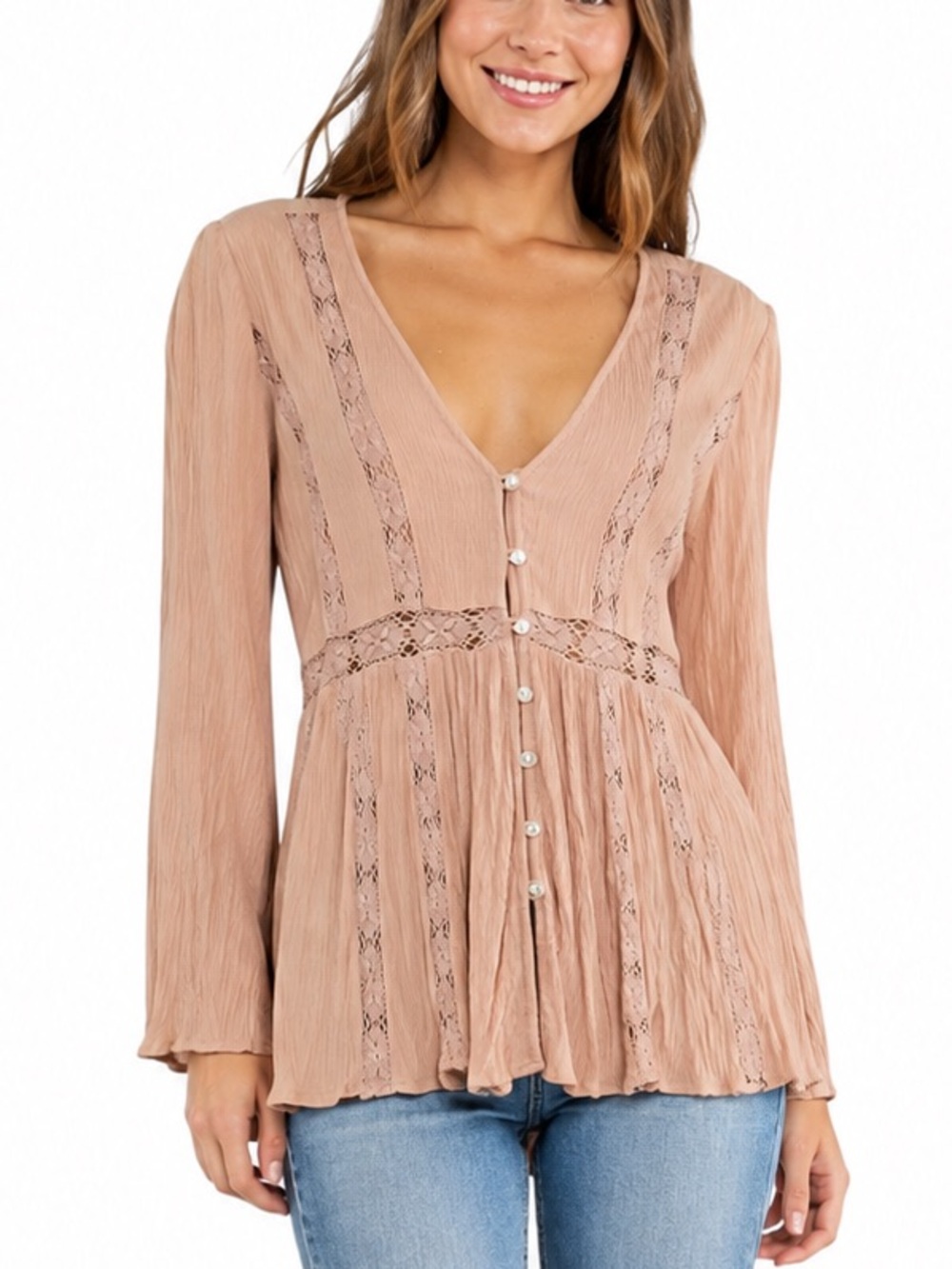 American Eagle S Boho Dusty Rose Crinkled Texture Lace Button Front Peplum Top